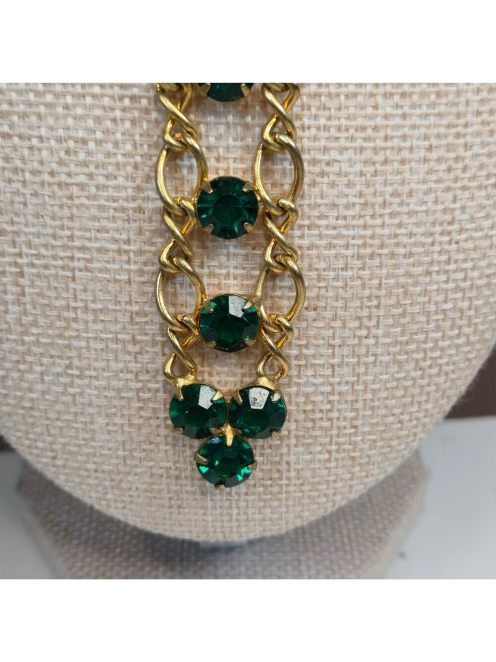 Vintage Art Deco Emerald Green Rhinestone Ladder Drop Pendant Necklace Gold Tone - Picture 5 of 16